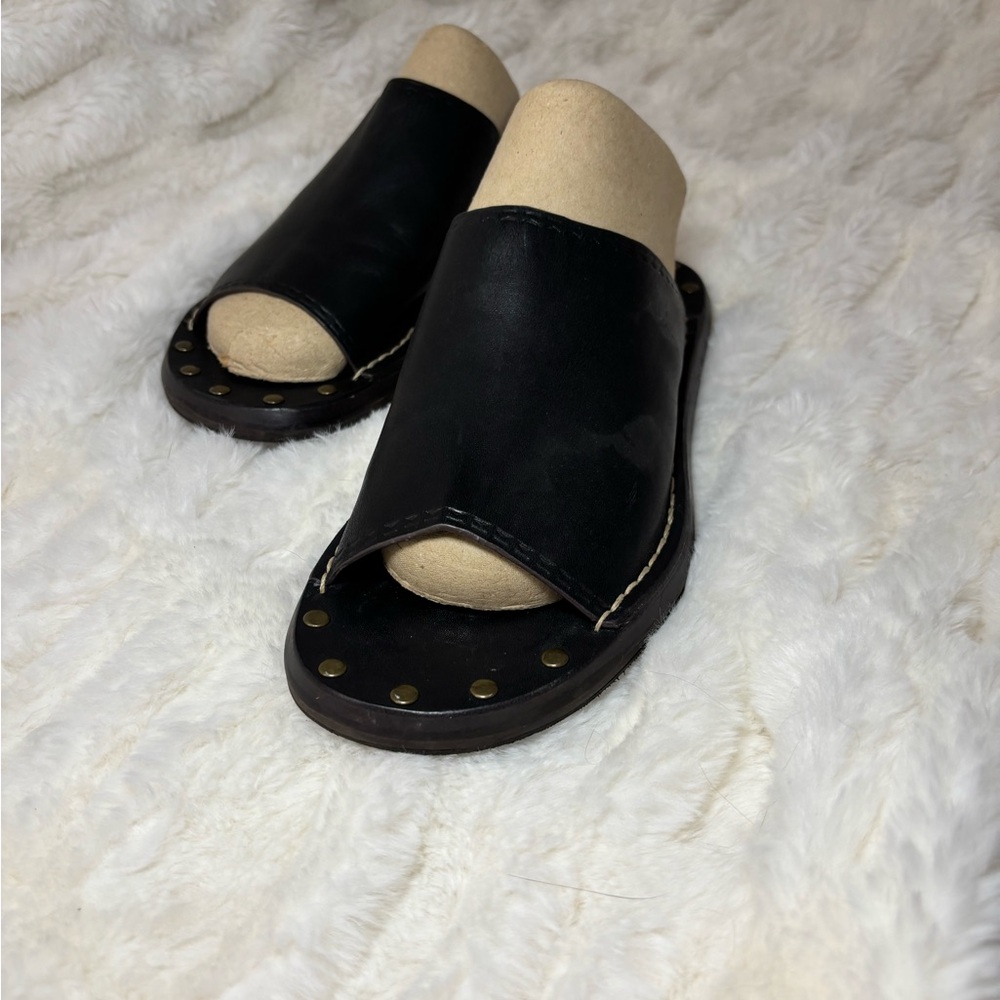 SEE by Chloe - Black Leather Slide Sandals with Gold, Studded Detail